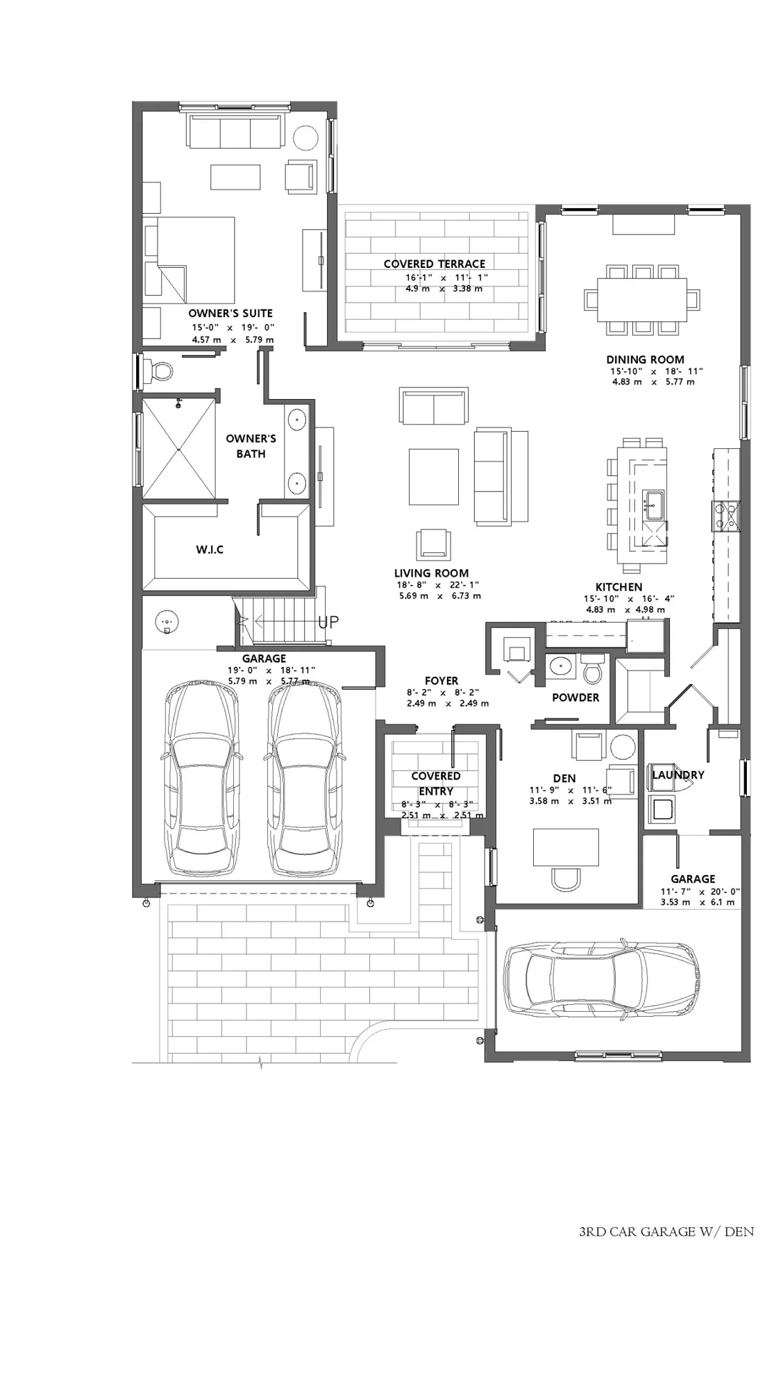 Harbour: First floor — three-car garage and den. Builder conceptual plan; homesite configuration may vary.