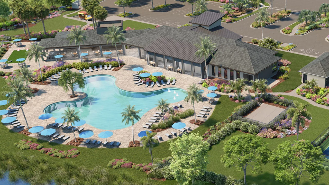 Gatherpoint amenity aerial rendering; proposed appearance may change.