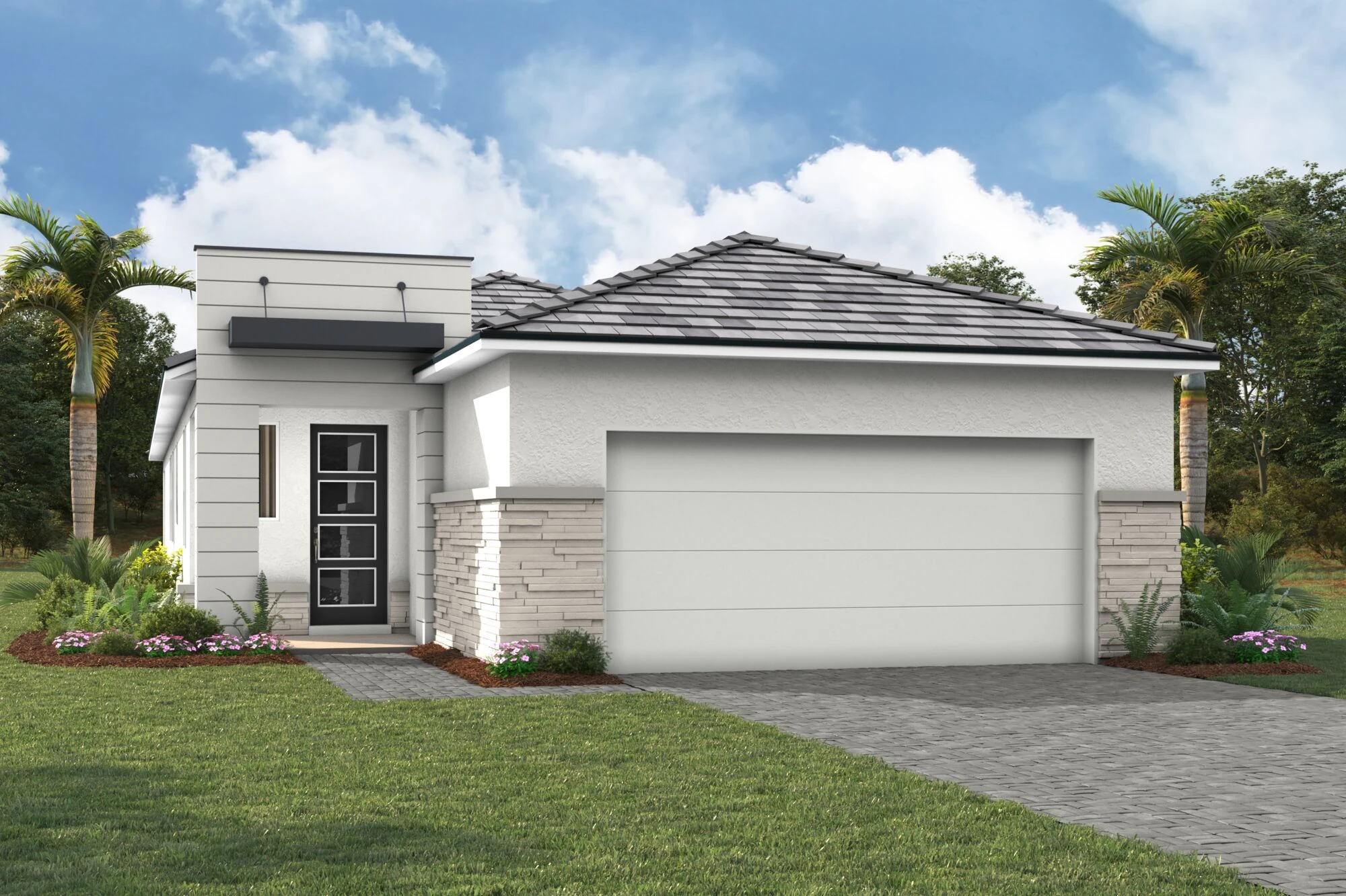 Elevation Front with garage, door and exterior stone