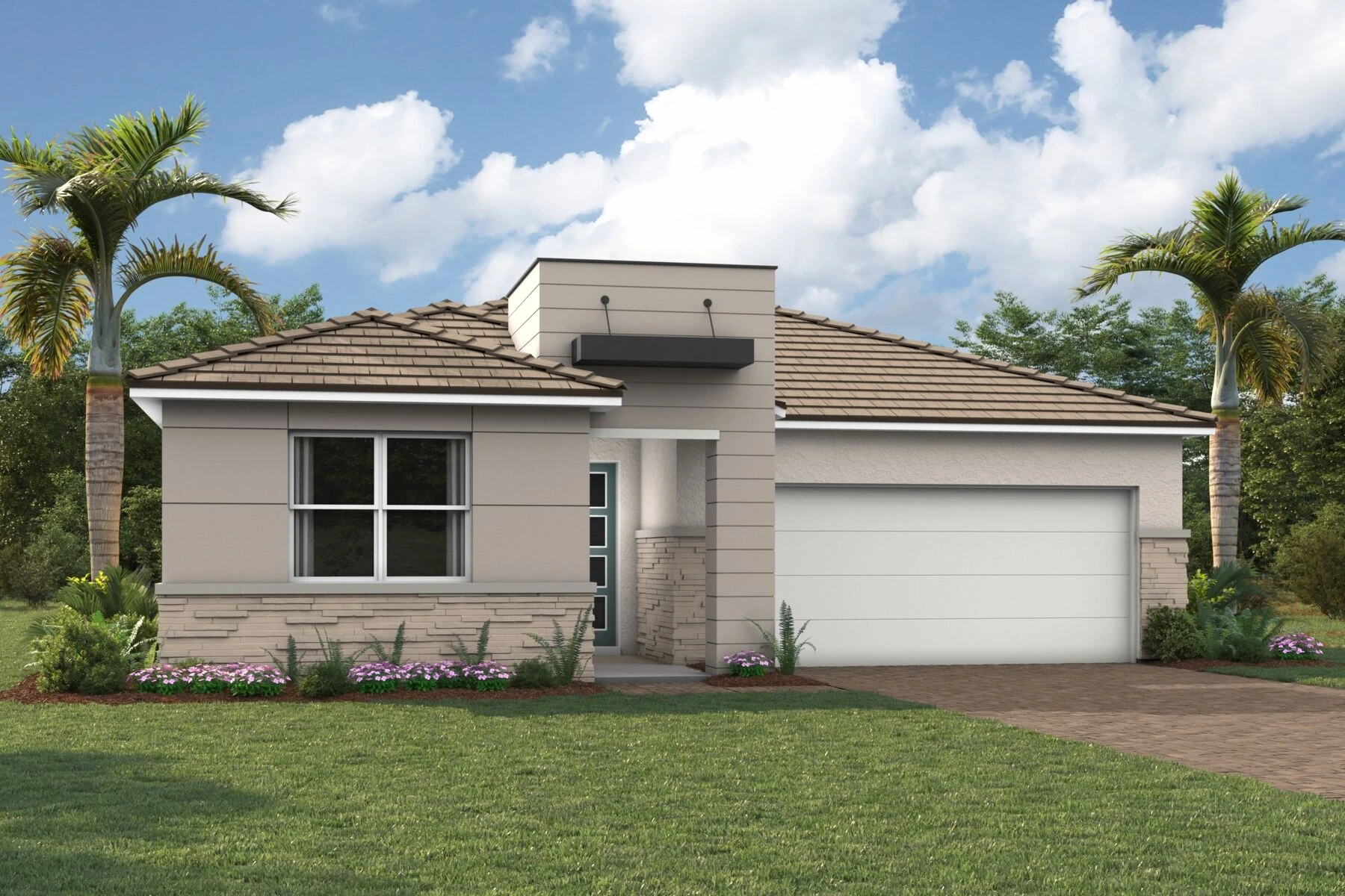 Elevation Front with garage, window and exterior stone