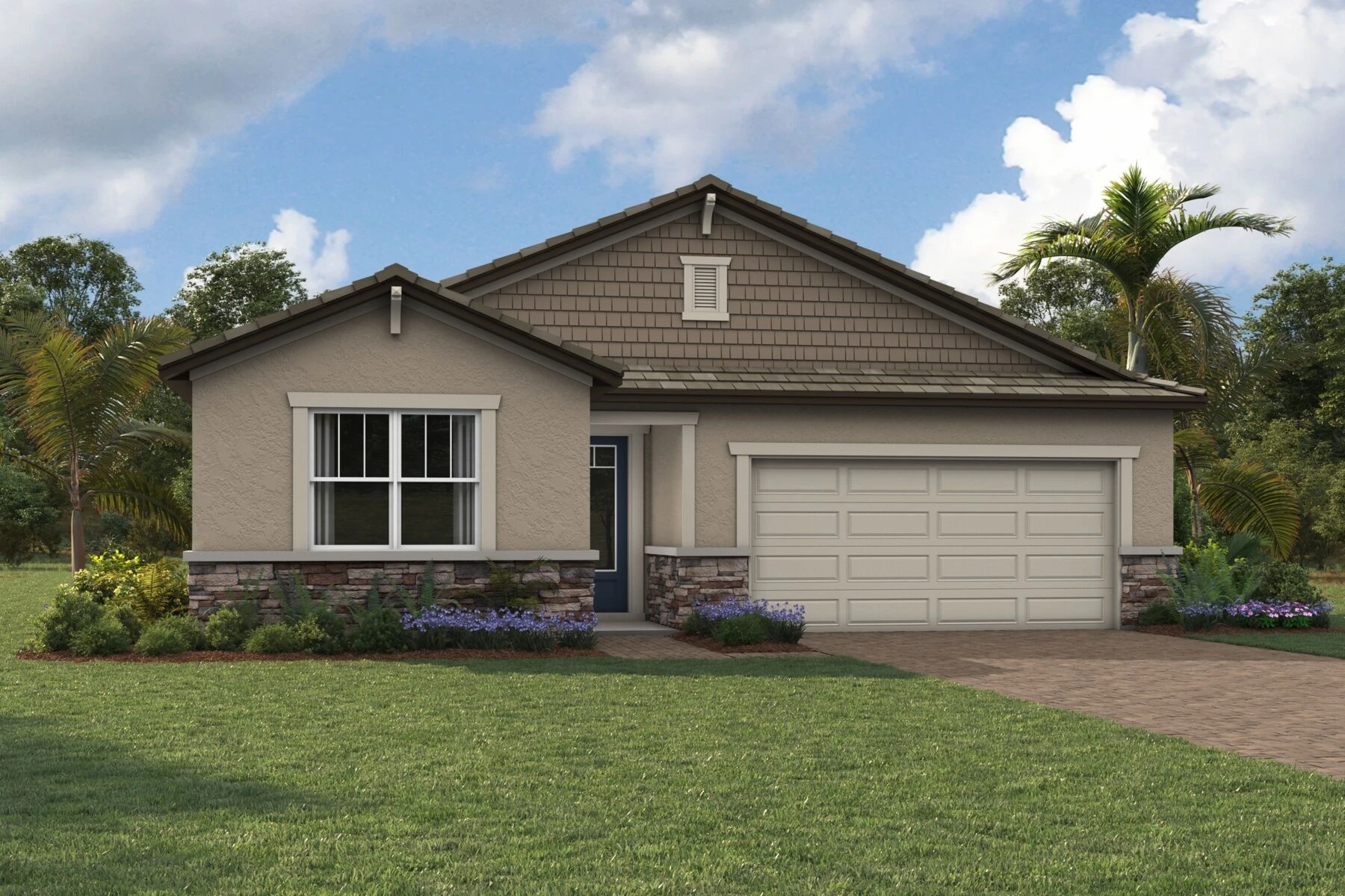 Elevation Front with garage, window, door and exterior stone